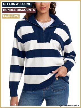 Women's Quarter Zip Striped Oversized Knit Pullover Sweater